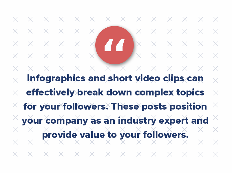 Infographics and short video clips can be effective in breaking down complex topics for your followers. These posts position your company as an industry expert and provide value to your followers, helping to build trust.