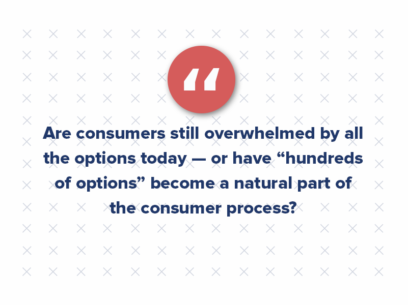 The question remains, does the Paradox of Choice still apply? Are consumers still overwhelmed by all the options today — or have “hundreds of options” become a natural part of the consumer process?