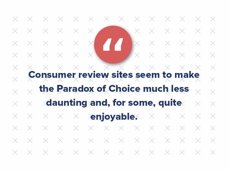 Consumer review sites seem to make the Paradox of Choice much less daunting and, for some, quite enjoyable.