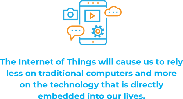 For example, sensors on cars that enable automatic driving, artificial limbs that respond to brain waves, or interior temperature controlling applications. Conceptually, the Internet of Things will cause us to rely less on traditional computers and more on the technology that is directly embedded into our lives