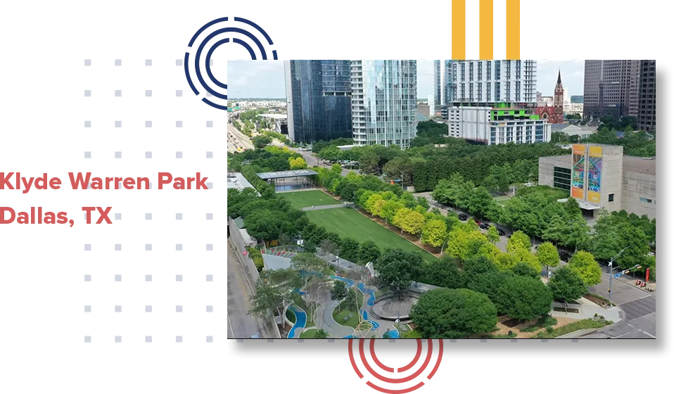 A great example of New Urbanism in action is Klyde Warren Park. Take a busy, bustling city, and drop a giant patch of grass on top of an Interstate overpass.