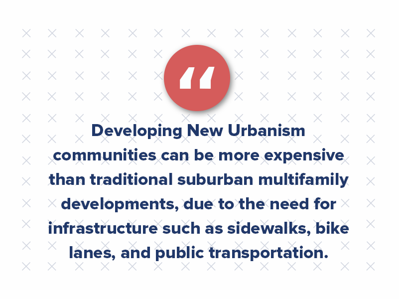 Developing New Urbanism communities can be more expensive than traditional suburban multifamily developments, due to the need for infrastructure such as sidewalks, bike lanes, and public transportation.