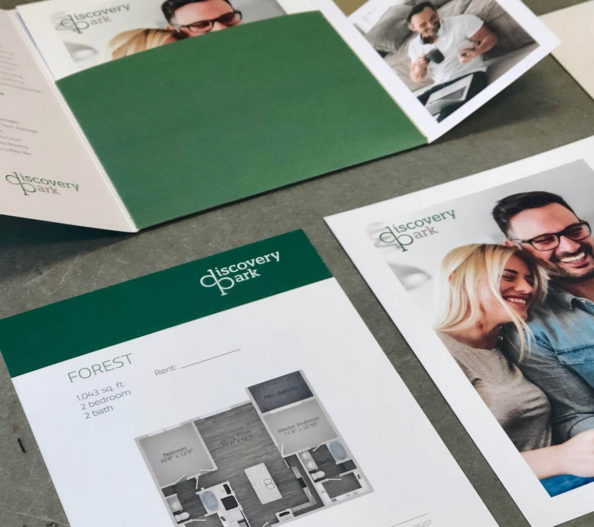 An example of multifamily marketing collateral we designed for our client Discovery Park as part of our multifamily branding services at Criterion.B.