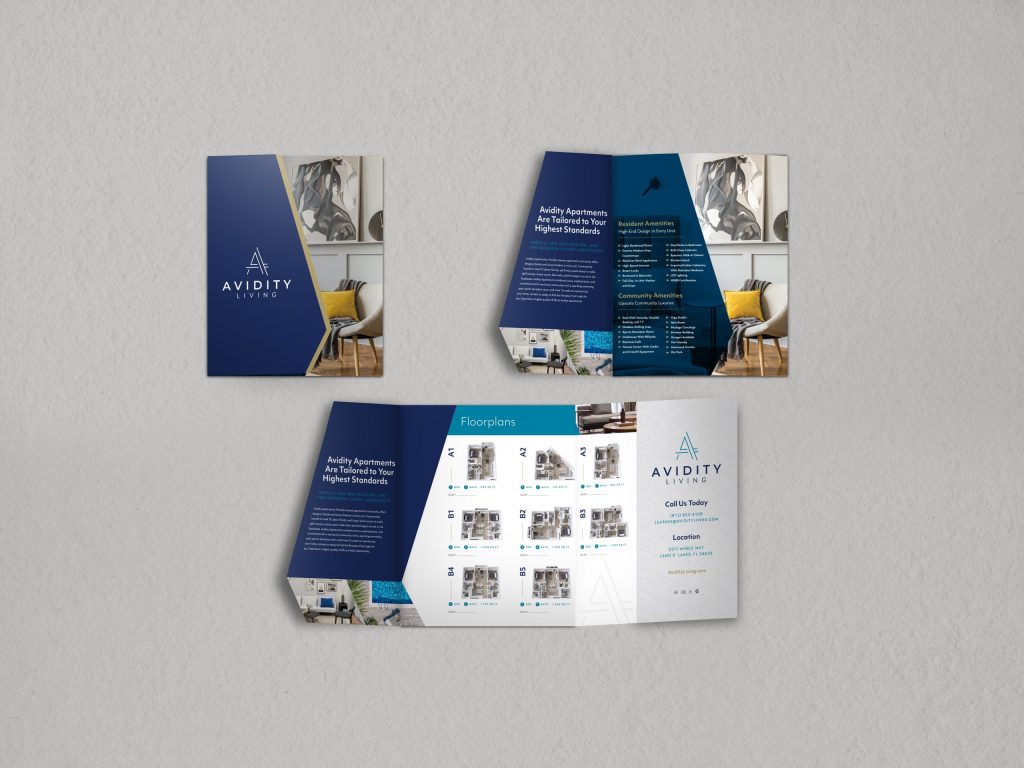 For Avidity, we partnered with AG Spanos to create a standout apartment brochure that captures the dynamic energy and modern charm of this Land O’ Lakes community. From the carefully crafted logo to the sleek design elements, every part of the brochure was designed to showcase Avidity’s upscale amenities, prime location, and vibrant living experience. The result is a visually striking and informative piece that not only engages prospective residents but also reinforces Avidity’s distinctive multifamily brand identity. This project was honored with recognition from DesignRush as one of the Best Real Estate Print Designs.