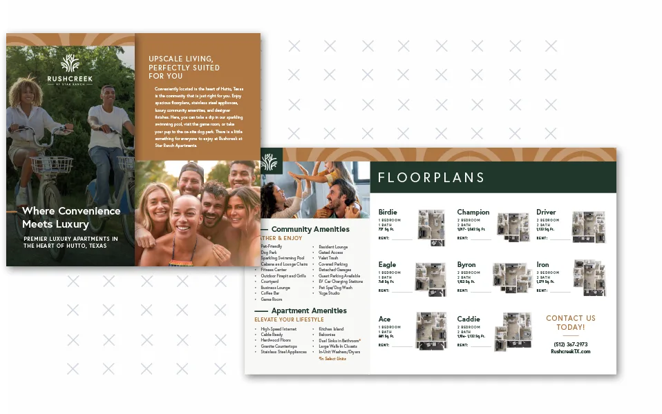 Rushcreek at Star Ranch in Hutto, Texas, is about comfort and usefulness. NE Property Management runs this apartment community. Their brochure showcases peaceful living, focusing on roomy interiors and modern perks. Warm colors and clear images invite people to imagine themselves in a cozy and comfortable home.