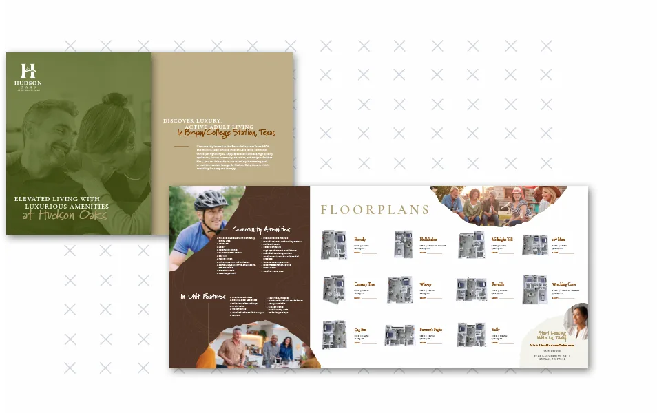 Hudson Oaks is an active adult community in Bryan/College Station, TX. Life here is far from boring. The brochure for this NE Property Management property shows off the lively lifestyle with details about community events, fitness places, and social areas. The design mixes information and looks good, making it a great example of a good apartment brochure.