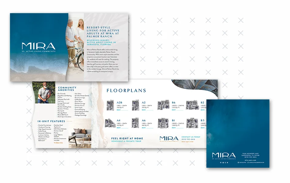 Mira at Palmer Ranch in Sarasota, FL, is for active adults who want more from life. AG Spanos manages this 55-plus apartment community. Their brochure has a fancy design that matches the property's style. It focuses on luxury amenities and a lively community vibe, giving off a feeling of being special and refined.