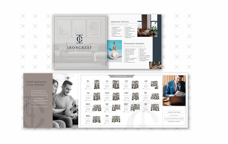 Ironcrest Apartments, near Downtown Fort Worth in North Richland Hills, TX, offer city convenience and upscale living. AG Spanos manages this community. Their brochure has a sleek, modern design that fits the property's classy look. Bold text and lively images show what this lively community is all about.