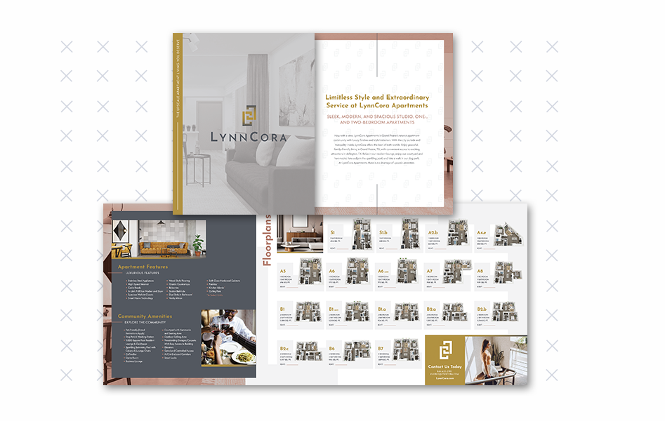 AG Spanos' high-end community in Grand Prairie, Texas, LynnCora, needed a brochure that showed its luxury offerings. The brochure is elegant and classy, from the name and apartment logo to the dynamic materials. The design uses rich colors, classy fonts, and stunning visuals, making it an example of great apartment brochure ideas.