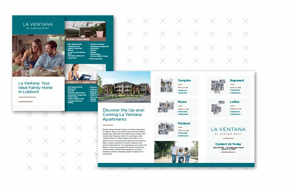 La Ventana at Canyon West in Lubbock, TX, is about luxury living. NE Property Management's brochure is a lesson in apartment brochure design, showing off stylish insides and top-notch amenities. High-quality paper and a smart layout ensure potential residents get a visual and touchable experience matching the community's upscale offerings.