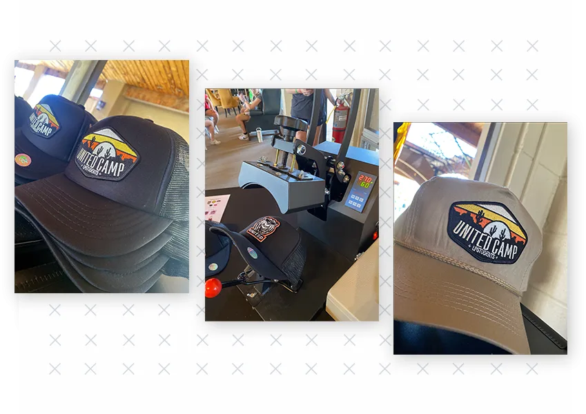 For example, we recently provided Lakepointe Church with a hat press, hats, and patches so event attendees could create and customize their hats.