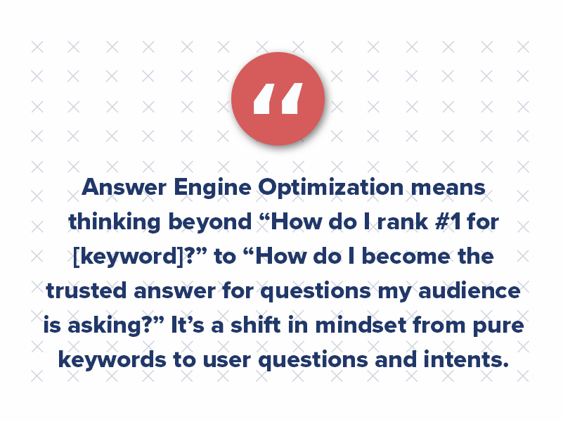 Forward-thinking multifamily marketers should start treating AEO as an essential part of their SEO strategy. Answer Engine Optimization means thinking beyond “How do I rank #1 for [keyword]?” to “How do I become the trusted answer for questions my audience is asking?” It’s a shift in mindset from pure keywords to user questions and intents.