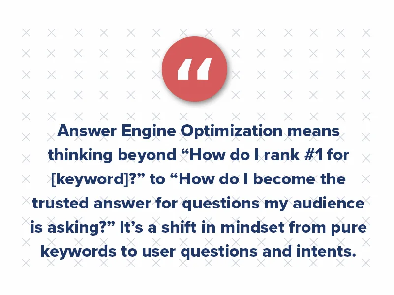 Forward-thinking multifamily marketers should start treating AEO as an essential part of their SEO strategy. Answer Engine Optimization means thinking beyond “How do I rank #1 for [keyword]?” to “How do I become the trusted answer for questions my audience is asking?” It’s a shift in mindset from pure keywords to user questions and intents.