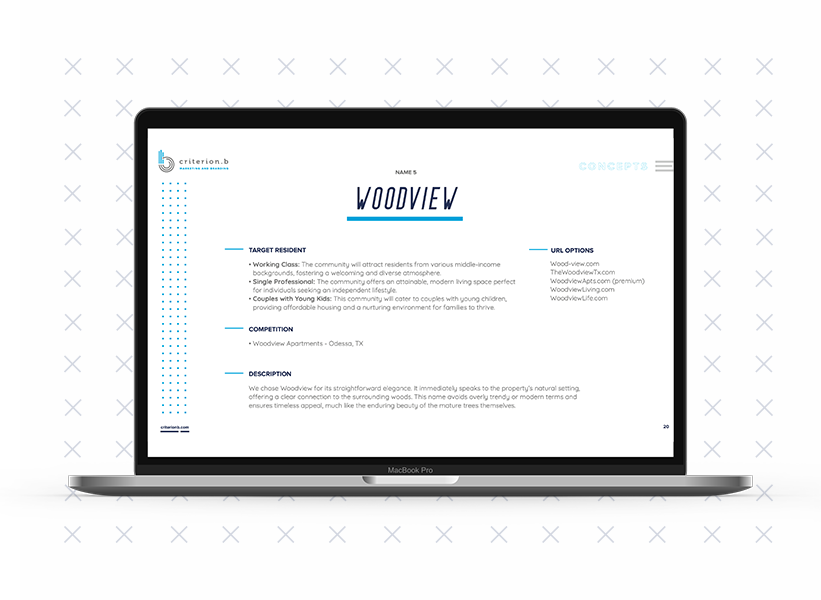 Once we have the name, we continue to build the brand around it. The name informs every aspect of the property’s branding and digital marketing strategy. From the apartment logo to the website design, to the messaging and tone used in advertising, the name sets the tone for everything that follows.
